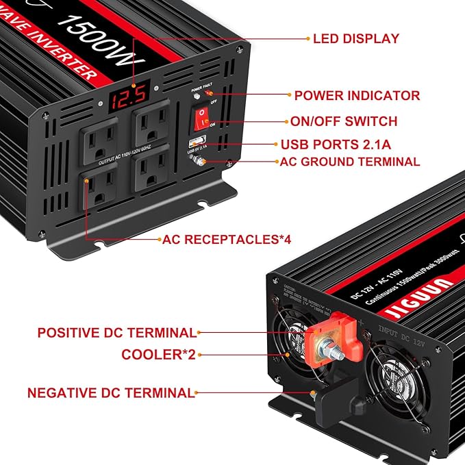 JIGUUN 1500 Watt Pure Sine Wave Inverter DC 12V to AC 120V Converter, Remote Control Power Car Inverter with LED 4 AC Outlets USB Output for Outdoor Camping RV.