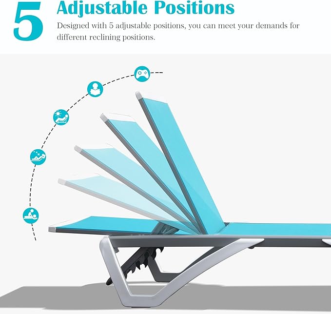 Domi Outdoor Lounge Chair, Aluminum Patio Chaise Lounge with 5 Position Adjustable Backrest and Wheels, All Weather Reclining Chair for Patio, Yard, Balcony, Poolside (Lake Blue)