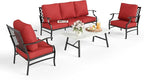 Patio Furniture Set 4 pcs, Metal Outdoor Patio Furniture, 3-Seat Sofa, 2 Single Chairs, Coffee Table and 5.75" Extra Thick Cushion, Conversation Set for Backyard Deck, Red
