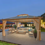 12'x14' Gazebo, YOLENY Outdoor Wood Grain Hardtop Gazebos on Clearance, Aluminum Composite Double Roof with Privacy Curtain and Mosquito Net for Patio, Lawn, Garden, Deck, Gray