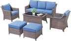 6 Pieces Outdoor Patio Furniture-High Back Rattan Wicker Couch with Outdoor Chairs Patio Conversation Sets for Porch Garden Backyard Poolside-Brown/Blue