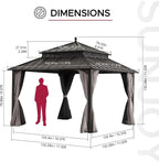 SUNJOY Kingston 12' x 12' Hardtop Gazebo with Galvanized Steel Double Roof, Curtain and Netting, Brown Aluminum Posts Permanent Pavilion Gazebo for Garden, Patio, Deck, Lawn