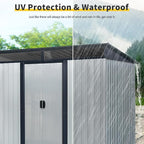 8x6 FT Outdoor Storage Shed,Metal Shed with Floor & Transparent Plate,Garden Shed W/Air Vent & Lockable Sliding Door,All Weather Waterproof Tool House W/Sloped Roof,Black+White