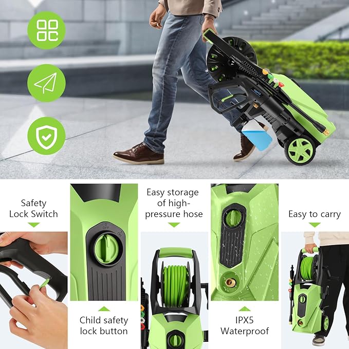Pressure Cleaner 5000 PSI,2.8 GPM Power Cleaner with Foam Cannon,Portable Cleaner with 33ft Hose Reel,4 Nozzle Tips,and Soap Bottle for Cars/Home/Driveways/Patios/Decks/Fences(Green)