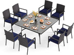 PHI VILLA 9 Pieces Square Outdoor Dining Set for 8, Large Metal Dining Table & Rattan Wicker Chairs with Cushions, Dining Furniture Set for Patio, Deck, Yard, Porch