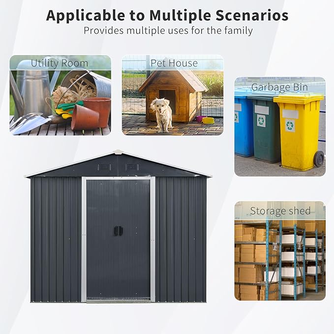 8x4 ft Outdoor Metal Storage Shed with Floor Foundation and Window, Lockable Galvanized Steel Tool Shed with Sliding Door and Air Vent, Waterproof Garden Storage House for Backyard, Patio