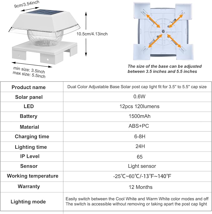 INDARUN Solar Post Lights Outdoor Waterproof, 2 Colors Modes, 120 Lumen, Solar Fence Deck Post Lights for 4x4 Post Caps - 4x4 5x5 6x6 Wood Posts/4x4 Vinyl Posts, for Front Porch, Paito, Backyard Decor