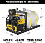 4000PSI 4GPM ZONSEN 459cc 15 HP E-Start Gas Engine Hot Water Pressure Washer Skid Mounted with 245 Gal Tank, Model HPW40DBT