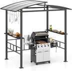 Tangkula 8x5 FT Hardtop Grill Gazebo, Outdoor Double-Tiered Barbecue Canopy with Vented Polycarbonate Roof, 2 Side Shelves, 6 Hooks, Outdoor Grill Shelter for Patio Garden Lawn Deck (Black)