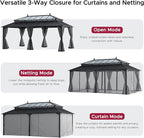 SUNJOY Kingston 20' x 12' Hardtop Gazebo with Galvanized Steel/Polycarbonate Double Roof, Curtain and Netting, Gray Aluminum Posts Permanent Pavilion Gazebo for Garden, Patio, Deck, Lawn