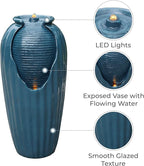 Teamson Home 32 in. Outdoor Contemporary Glazed Contoured Vase Water Fountain with LED Lights to Create a Calming Oasis in Gardens and Landscaping, on Patios, Balconies, Lawns, Teal Blue