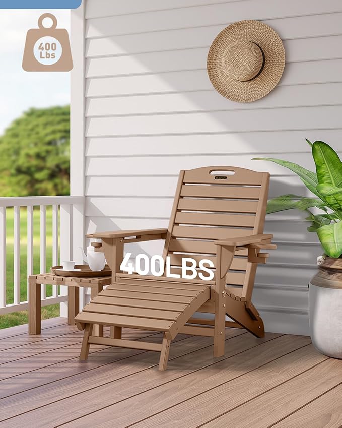 Folding Adirondack Chairs Set of 2,Adirondack Chair with Retractable Ottoman,Plastic Adirondack Chairs with 2 Cup Holder,Weather Resistant Patio Chair,Outdoor Chairs Set of 2(Teak)