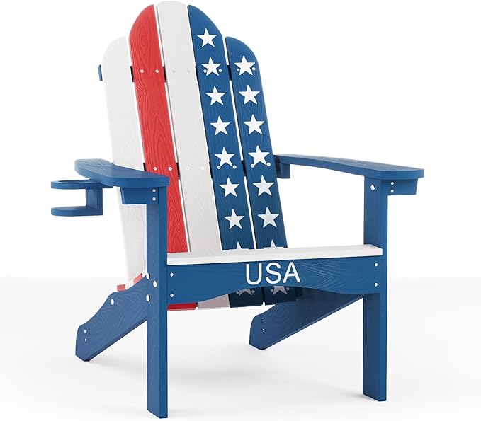 LUE BONA HDPS Adirondack Chairs, Fire Pit Outdoor Chair Weather Resistant with Cup Holder, Modern Plastic Chair Plastic for Patio, Deck, Proch, 350LBS, Flag Blue