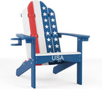 LUE BONA HDPS Adirondack Chairs Set of 4, Fire Pit Outdoor Chair Weather Resistant with Cup Holder, Modern Plastic Chair Plastic for Patio, Deck, Proch, 350LBS, Flag Blue