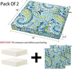 Magpie Fabrics Indoor Outdoor Waterproof Square Chair Cushion, 18" x 18" x 2.5", 2 Pack, Water Resistant Seat Cushions, for Patio Garden Office, Paisley Lapis Green