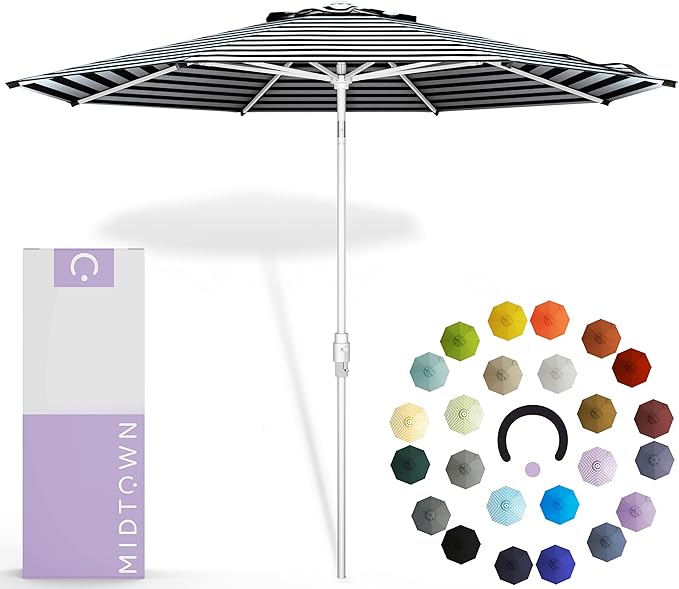 Midtown Umbrellas The Swilt 10 Feet Patio Umbrella in Terylast Zebra (Black/White Stripes) Polyester Fabric - Fiberglass Ribs, Auto-Tilt Aluminum Frame For Backyard, Deck, Garden, Pool - White Pole