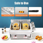 Stainless Steel Low Pressure Gas Deep Fryer with Frying Baskets and Lid, 12.7QT/12L Capacity Countertop Deep Fryer Oil Frying Pot Kitchen Frying Machine Table Snack Fryer Double Cylinder Gas Fryer