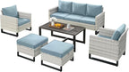 Rilyson Wicker Outdoor Patio Furniture Set - 6 Piece Patio Conversation Set with 2 Armrest Chairs,2 Rattan Ottoman,1 Couch and 1 Metal Side Table for Outside Porch Deck Backyard(Light Grey/Sky Blue)