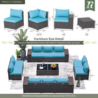 Outdoor Patio Furniture Set, 12 Pieces Outdoor Furniture All Weather Patio Sectional Sofa PE Wicker Modular Conversation Sets with Coffee Table,10 Chairs & Seat Clips Turquoise Blue.