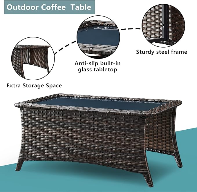 Rilyson 6 Piece Outdoor Patio Furniture Set - Rattan Wicker Patio Conversation Sets with 2 Swivel Rocker Chairs,2 Ottomans,1 Loveseat and 1 Coffee Table for Outside Porch Deck Backyard(Brown/Blue)