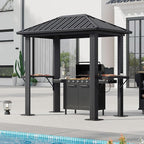 Aoxun Grill Hardtop Gazebo 5 x 8 FT, Outdoor Metal Hard Top Gazebo, Permanent BBQ Pavilion with Galvanized Steel Roof, Aluminum Pavilion with Shelves for Lawn, Garden, Patio, Backyard (Dark)