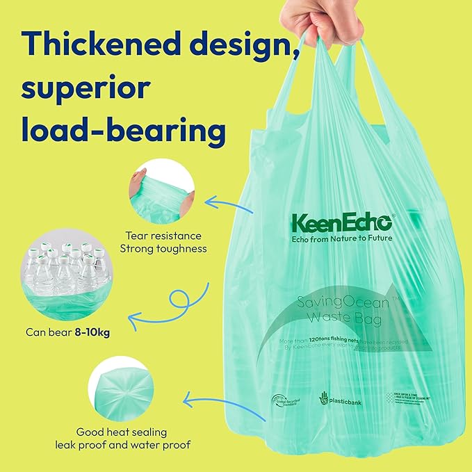 1.2 Gallon 200 Counts Small Green Trash Bags with Handle, Ocean Fishing Nets Upcycling, Sage & Sea Salt Scented, Plastic Garbage Bags, Waste Bag for Kitchen, Bathroom, Office and Pets