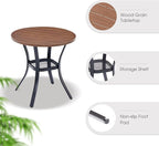 VICLLAX Outdoor Patio Round Dining Table, 28"x 28" Metal Slatted Round Tabletop with Storage Shelf for Deck Lawn Garden Backyard, Walnut