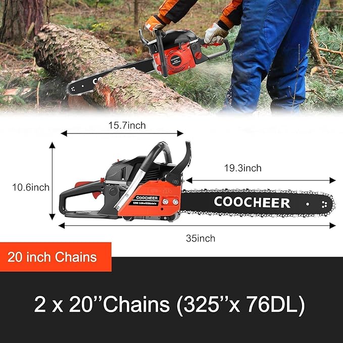 COOCHEER 62CC Gas Chainsaw 20 Inch, Top Handle 3.5 HP 2-Stroke Chain Saw Gas power with Carrying Bag & 2 Chains for Trees Wood Cutting and Tree Trimming