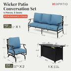 Patio Furniture Set, 4 Pcs Metal Outdoor Conversation Set, 2 Rocking Chairs and 3 Seater Sofa with 5.75" Extra Thick Cushion and Gas Fire Pit Table for Backyard Deck, Navy Blue