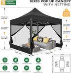 COBIZI 10x10 Heavy Duty Pop Up Canopy with 4 Mosquito Netting Wall, Easy Set Up Commercial Gazebo Party Tent, Outdoor Instant Screen Canopy for Backyard, Patio, Garden, Black