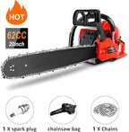 COOCHEER Gas Chainsaw Powered, Upgraded 62CC 3.5-HP 2-Cycle 20 Inch Chainsaw Gas with Carrying Bag & Tool Kit, Chainsaws Gas powered for Trees Wood Cutting and Tree Trimming(Limited Orange Version)