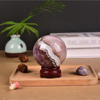 JIC Gem Amethyst Agate Crystal Ball with Wooden Stand Pink Healing Crystal Sphere Ball for Feng Shui Decor Spiritual Gifts 60-70mm