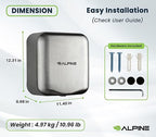 Alpine Industries Hemlock Automatic Hand Dryer - Heavy Duty Stainless Steel | 1800Watts | 110-120Volts (Brushed Stainless Steel)