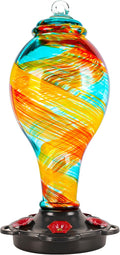 LUJII Hand Blown Glass Hummingbird Feeder for Outdoors Hanging with Ant Moat, 36 fl.oz, Leak Proof & Rustproof, Metal Base with 5 Feeding Ports & 5 Perches, Unique Garden & Backyard Decor (Ribbon)