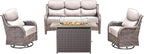 Luxury High Back Outdoor Furniture 6-Inch Thick Cushions with 50,000 BTU Gas Propane Fire Pit Tablet, Patio Furniture Set with Swivel Chairs, for Porch, Balcony, Deck and Yard