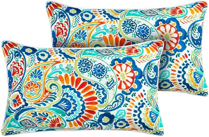 Magpie Fabrics Patio Lumbar Pillow Covers ONLY 20"x12", Set of 2, Outdoor Indoor Cushion Cases Decorative Throw Rectangular Pillowcase Shell for Couch Garden - Paisley Multi