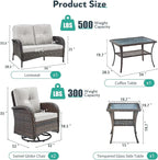 5 Piece Patio Furniture Set - Wicker Patio Conversation Set with Swivel Glider, Loveseat Bench, Tempered Glass Side Table and Coffee Table for Deck Backyard - Brown Wicker Beige Cushion
