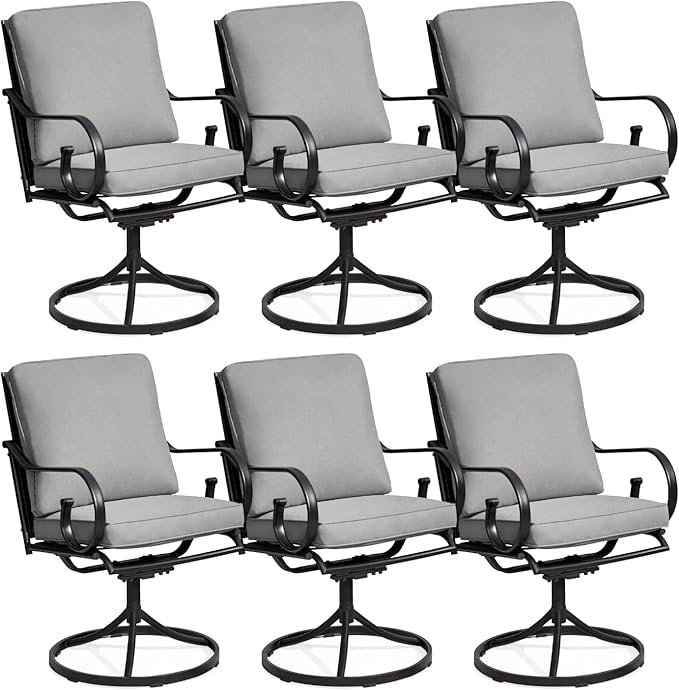 MELLCOM Patio Swivel Chair Set of 6, Heavy Duty Outdoor Dining Chairs with Thickened Cushions, Metal Patio Chairs Gentle Rocker for Outside, Garden Lawn & Porch, Backyard, Grey