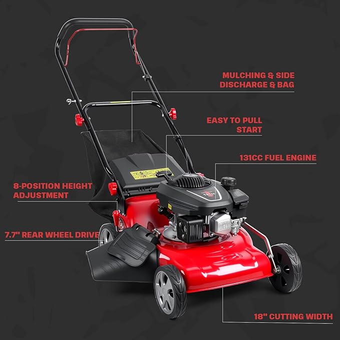 Self Propelled Lawn Mower Gas Powered with 50L Grass Bag Big Wheels 131cc Gas Engine 3 in 1 Mulch Bag Side Discharge Rear Wheel Drive for Hills Uneven 131CC