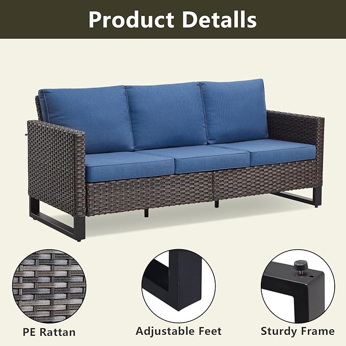 Rilyson Wicker Outdoor Patio Furniture Set - 7 Piece Patio Conversation Set with 4 Swivel Rocker Chairs,2 Rattan Ottoman and 1 Couch for Outside Porch Deck Backyard(Brown/Blue)