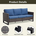 Rilyson Wicker Outdoor Patio Furniture Set - 6 Piece Patio Conversation Set with 2 Armrest Chairs,2 Rattan Ottoman,1 Couch and 1 Metal Side Table for Outside Porch Deck Backyard(Brown/Blue)