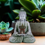 Buddha Garden Statue with Solar Light, Resin Zen Decor for Outdoor Patio or Indoor Meditation, Spiritual Gift for Women and Friends (Grey Pavilion)