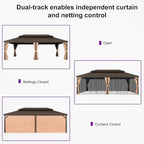 PURPLE LEAF 12' X 24' Outdoor Hardtop Gazebo Patio Wide Aluminum Frame Metal Double Roof with Heavy Duty Netting and Curtains for Permanent Hard Top Pavilion Screen, Khaki