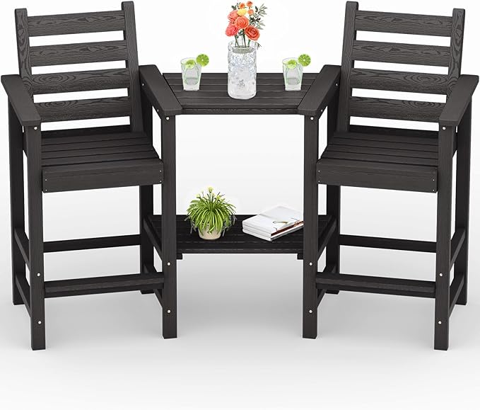 Tall Adirondack Chairs Set of 2, All Weather HDPE Poly Bar Height Balcony Adirondack Chair with Removable Double Connecting Trays, Outdoor Adirondack Barstools for Deck, Patio, Yard, Pool, Lawn