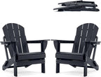 Folding Adirondack Chair, HDPE Outdoor Texture Lawn Chair with Reclining Back, Cup and Phone Holder - Comfortable Firepit Chair Weather Resistant for Patio or Backyard (Dark Black, Set of 2)