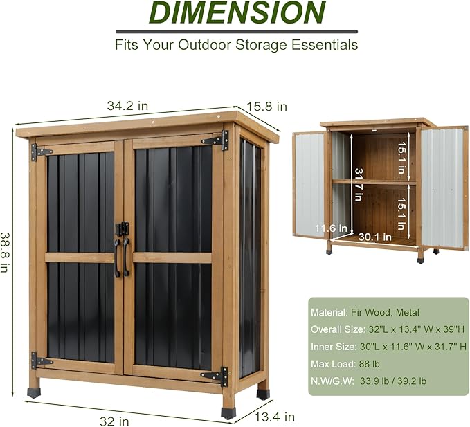 Outdoor Storage Cabinet, Wood & Metal Small Storage Shed with Weather-Resistant Asphalt Roof, Double Lockable Doors & Removable Shelves for Porch, Patio, Garden, Backyard, 32" x 13" x 40"