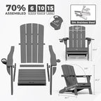 Folding Adirondack Chair Wood Texture 2 Pack, HDPE All-Weather Fire Pit Chairs, Plastic Adirondack Chairs with 2 Cup Holder, Outdoor Lawn Chair for Patio Garden (Grey)