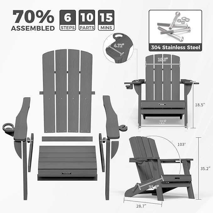 Folding Adirondack Chair Wood Texture 2 Pack, HDPE All-Weather Fire Pit Chairs, Plastic Adirondack Chairs with 2 Cup Holder, Outdoor Lawn Chair for Patio Garden (Grey)