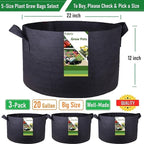 3-Pack 20 Gallon Thickened Plant Grow Bags Large (22x12 in) Heavy Duty Garden Bag Fabric Plant Pots for Tomato,Potato Planter,Flower Pots,Herbs Veggies Planting,Barrel Planter,Yard Waste Bag,Leaf Bags