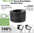 SPECILITE 5/8" Garden Hose 75 ft with High Flow Nozzle, Heavy Duty Flexible Hybrid Rubber Water Hose for Outdoor, Lightweight, Leak-Proof, No-Kink, 3/4"Brass Fittings,Black